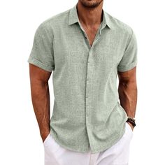 Mens Linen Shirts Comes With Button-Down Closure, Short Sleeve, Adjustable Cuff, Slim Fit, Solid Color. Casual Beach Style Design To Make You Feel Better About This Summer. Men Beach Shirts Short Sleeve Is Great To Match With Beach Shorts, Solid T-Shirts, Slacks, Formal Pants, Linen Pants, Jeans And Casual Shorts. Pair With Shorts, Sunglasses,A Hat, And Canvas Shoes For Your Perfect Vacation Style On The Beach. Mens Cotton Linen Shirts For Beach Suitable For Beach, Yoga, Vacation, Informal Busin Casual Beach Style, Shirts Short Sleeve, Linen Shirts, Linen Shirt Men, Linen Tshirts, Mens Linen, Wedding Shirts, Men Beach, Linen Short