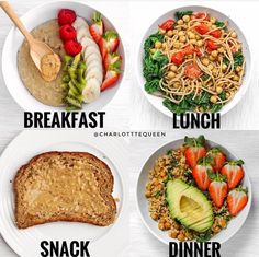 four different types of food are shown in this image with the words breakfast, lunch, snack and dinner