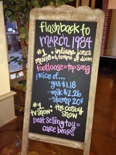 a chalkboard sign in the middle of a room with writing on it that says, flashback to march 1971