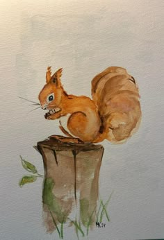 a painting of a squirrel sitting on top of a tree stump