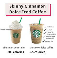 two cups of coffee with different toppings and names on the side, along with information about each cup