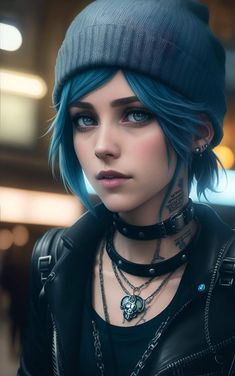 a woman with blue hair and piercings wearing a black leather jacket is looking at the camera