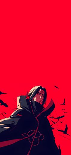 a person standing in front of a red background with birds flying around them and the man is wearing a hoodie