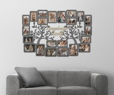 a family tree with six pictures hanging on the wall above it is shown in front of a gray couch