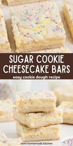 sugar cookie cheesecake bars stacked on top of each other