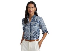 LAUREN Ralph Lauren Classic Fit Patchwork Floral Voile Shirt - Women's Clothing : Blue/Cream : Embrace feminine elegance wearing the Lauren Ralph Lauren Classic Fit Patchwork Floral Voile Shirt. The intricate patchwork of floral motifs creates a charming aesthetic, while the pointed collar and long sleeves with buttoned barrel cuffs offer a classic look. Complete with two chest box-pleated buttoned-flap patch pockets, a box-pleated back yoke, and a shirttail hem, this shirt is perfect for any occasion. Straight fit. Buttoned front closure. Lauren Ralph Lauren-engraved buttons. Intended to hit on the hip. 100% cotton. Machine washable. Imported. Floral Print 3/4 Sleeve Workwear Blouse, Floral Print 3/4 Sleeve Work Blouse, Floral Print Workwear Blouse With 3/4 Sleeves, Elegant Collared Printed Shirt, Elegant Printed Collared Shirt, Elegant Cotton Floral Print Blouse, Elegant Cotton Blouse With Floral Print, Elegant Shirt With Floral Print And Spread Collar, Floral Print Shirt With Spread Collar For Work