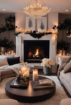 a living room filled with furniture and a fire place covered in candles next to a fireplace