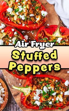 Air fryer stuffed peppers with a text title overlay. Dinner Air Fryer Recipes, Air Fryer Peppers, Air Fryer Stuffed Peppers, Vegetarian Starters, The Best Air Fryer, Best Air Fryer, Healthy Swaps, Bbq Sauce Homemade, Air Fryer Dinner Recipes