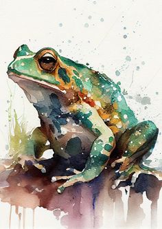 a watercolor painting of a frog sitting on a rock