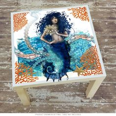 an image of a woman with blue hair sitting on a stool that is made out of wood