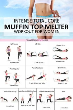 a woman doing an intense total core muffin top melter workout for women with the instructions