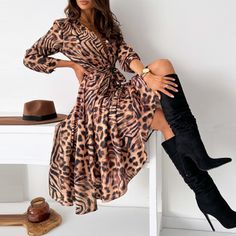 Autumn Casual Button Lace Up Pleated Big Hem Dress Women Pattern Print Long Sleeve Dress Elegant V Neck Waist A-line Party Dress Long Sleeve Dress Elegant, Leopard Print Outfits, Autumn Sleeve, Spring Dresses Casual, Dress Women Elegant, Belted Midi Dress, Autumn Casual, Long Sleeve Print Dress, Boho Fall