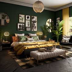 a bedroom decorated in green and yellow with pictures on the wall above the bed, along with a footstool