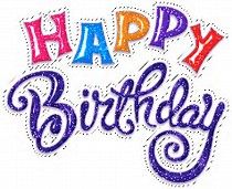 the words happy birthday written in purple and orange letters on a white background with swirls