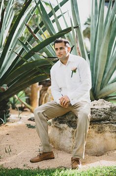 a man sitting on a rock in front of some plants