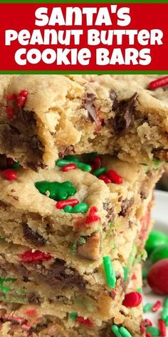 a stack of peanut butter cookie bars stacked on top of each other with the words, santa's peanut butter cookie bars