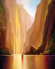 a painting of a canyon with water and cliffs in the background, as if it were painted on canvas