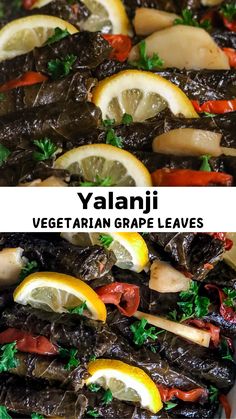 Yalanji (Vegetarian Grape Leaves). Rolled grape leaves stuffed with vegetable rice filling. Cooked in a tangy lemon sauce. Side Dishes Vegan, Stuffed Vine Leaves, Appetizers Vegan