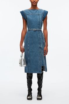 Deconstructed Belted Denim Dress – 3.1 Phillip Lim Knee-length Belted Denim Dress For Work, Belted Midi Denim Dress For Work, Short Sleeve Belted Denim Workwear Dress, Belted Denim Dress With Short Sleeves For Work, 90s Denim Dress, Belted Denim Dress, Skirt Straight, Knit Swimwear, Blue Denim Dress