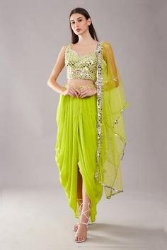 Shop for Preeti S Kapoor Green Dupion Draped Skirt Set for Women Online at Aza Fashions Mirror Sequin, Sheer Dupatta, Green Mirror, Draped Skirt, Mirror Work, Set For Women, Sleeveless Blouse, Aza Fashion, Sleeve Type