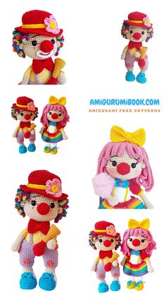 the crocheted dolls are all different colors and sizes, but one is wearing a clown