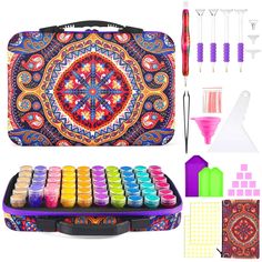 an assortment of crafting supplies including pens, markers, and other items in a case