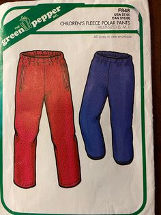 the children's fleece polar pants sewing pattern is shown in red, blue and green