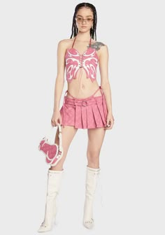 Thong Skirt, Demin Skirt Outfit, Pink Platform Boots, Bikinis 2023, Butterfly Skirt, Look Festival, Kawaii Bags, Pleated Denim