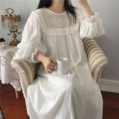 Long Sleeve Night Gown, Gaun Koktail, Bridal Nightgown, Women Cotton Dress, Edwardian Dress