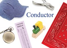 various items are arranged on a white background with the words conductor written in blue and red