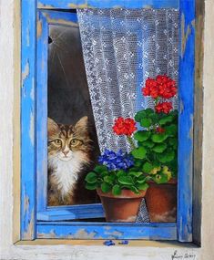 a painting of a cat sitting in a window sill next to potted flowers