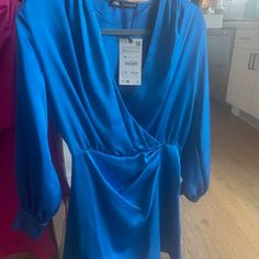 Nwt Zara Wrap Mini Dress, Size Xs, Color Cobalt Blue Blue V-neck Mini Dress For Fall, Royal Blue Long Sleeve Mini Dress For Spring, Blue Long Sleeve Dress For Date Night, Royal Blue Long Sleeve Mini Dress, Zara Blue Long Sleeve Dress, Wrap Mini Dress, Xs Dresses, Mini Wrap Dress, Zara Dresses