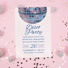 a disco party flyer with stars and confetti around it on a pink background