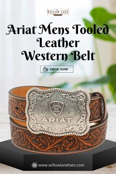 Beautiful Floral Embossed Leather Strap  Men's Belt - 1-1/2" Ariat Logo, Handsome Cowboys, Urban Cowboy