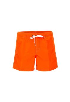 Sundek 'Boardshort' men's swimsuit, fluo orange, contrasting color profiles, low elastic waist with night-white drawstring and logoed ends, two side welt pockets, one back pocket with velcro and applied logo patch, regular fit. Composition: 100% Poliammide Orange Nylon Swimwear, Orange Swim Trunks With Elastic Waistband For Beach, Orange Nylon Sports Swimwear, Orange Swim Trunks For Summer, Solid Color Swim Trunks With Side Pockets For Summer, Summer Swimwear With Side Pockets For Swimming, Sporty Swimwear With Pockets For Beach Season, Orange Swim Trunks For Sports, Orange Swim Trunks For Beach