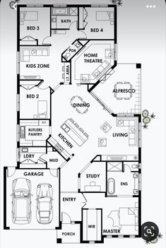 the floor plan for a two story house with three car garages and living areas