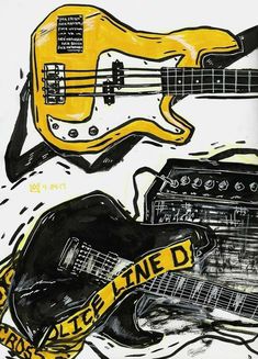 a drawing of two electric guitars and a yellow police line sign on a white background