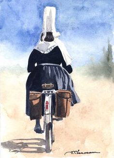 a watercolor painting of a woman riding a bike on the beach with her back turned to the camera