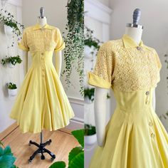 Yellow Vintage Dress, 1950s Shirts, Small Shoulders, Organza Dress, Lace Button, 50s Dresses, 1950s Dress, Girly Outfits, Tea Dress