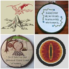 four different cross stitch designs with words on them