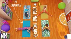 an aerial view of a woman doing yoga in her living room, with the words yoga mat inside