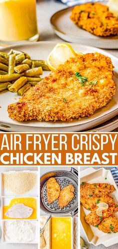 air fryer crispy chicken breast recipe on a plate with green beans and orange juice