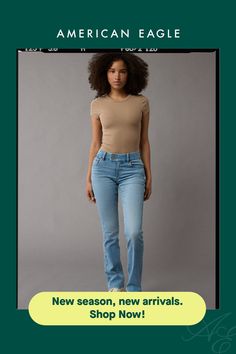 Next Level Stretch/Our softest, stretchiest, never-loses-its-shape denim/Won't bag out. Ever./Light wash/Tab waistband Curvy Jeans, Bootcut Jeans, Next Level, American Eagle Outfitters, Women's Jeans, American Eagle, Women Jeans, High Waisted