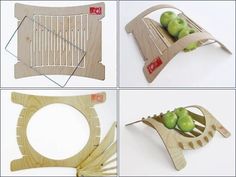 four pictures showing different stages of cutting wood with scissors and apples in the middle, on white background