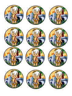 six cartoon character stickers with the same image as each one, including an orange and white cat