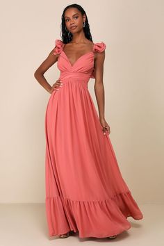 Rusty Rose Dress - Backless Lace-Up Dress - Ruffled Maxi Dress - Lulus Dress Soiree, Maxi Dress Backless, Romantic Gown, Pink Bridesmaids, Dresses Casual Boho, Rusty Rose, Rose Bridesmaid Dresses, Casual Formal Dresses, Most Beautiful Dresses