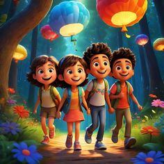 three children are walking through the woods with hot air balloons in the sky behind them