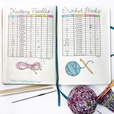 an open notebook with crochet hooks, yarn and knitting needles next to it