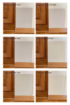 six pictures showing different types of white paint on wood cabinets and doors, with the same color