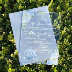 an elegant blue wedding card on top of some green bushes with flowers in the background